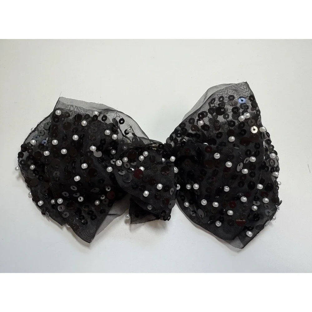 J.Crew Black Mesh Sequin And Faux Pearl Bow Barette New